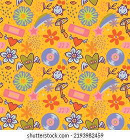 vector teenage seamless 70s retro pattern hippie style for textile design, fabric or wallpaper