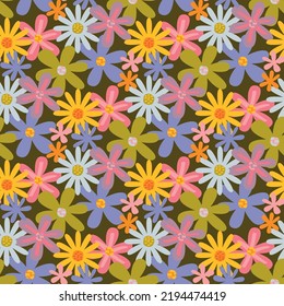 vector teenage seamless 70s retro floral pattern hippie style for textile design, fabric or wallpaper