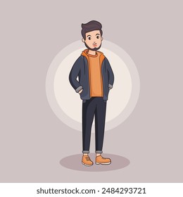 Vector teenager Smiling boy cartoon character on beige background.