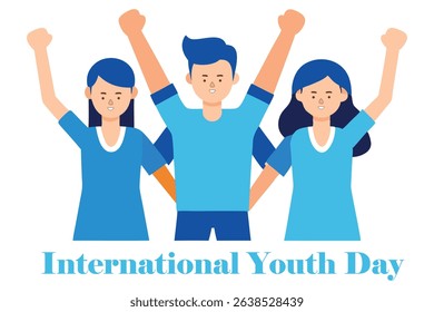 Vector of teens in sports uniforms cheering joyfully after a match. Celebrating energy, teamwork, and youth spirit. "International Youth Day" text on white background. Clean, modern style.