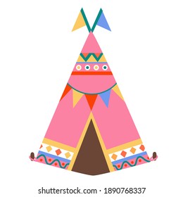 Vector Teepee with Colorful Ornaments in Flat Cartoon Style.Tribal Pink West House.American Native Tent for Wild Life. Isolated on White Background. 