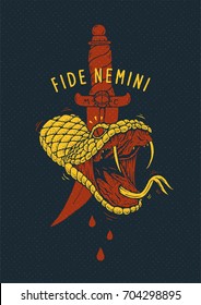 Vector Tee-shirt Print With A Cut Off Snake Head And Latin Proverb Fide Nemini, Trust Nobody. Angry Snake Head With Open Mouth, Tongue And Sticking Fangs.