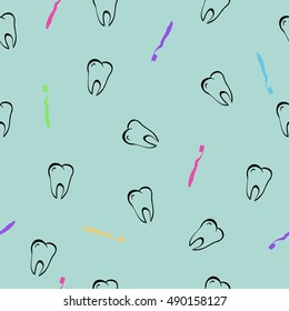 Vector of teeth and colorful toothbrush. Seamless pattern of tooth dental.