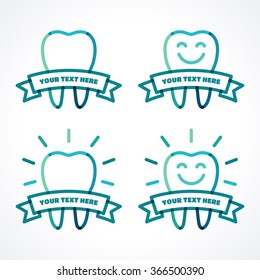 Vector teeth set. Teeth with ribbon, shining teeth, smiley teeth. Green, blue, turquoise linear tooth symbol, icon, logo. Place for your text