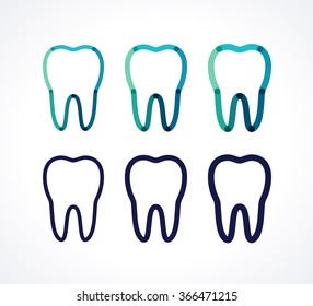 Vector teeth set. Transparent overlapping linear illustration. Green, blue, turquoise linear tooth symbol, icon, logo