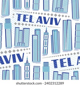 Vector Tel Aviv Seamless Muster, quadratischer wiederholen Hintergrund mit Illustration des berühmten jüdischen Stadtbildes auf weißem Hintergrund, dekorative Linie Kunst Modernes Stadtplakat mit Text tel aviv für die Innendekoration