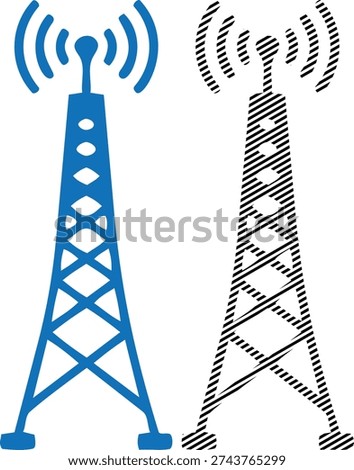 Vector Telecommunication Tower Icons: Blue, Black Outline, and Hatch Styles Illustration