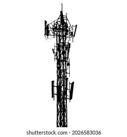 vector telecommunications tower silhouettes with different antenna isolated on white background
