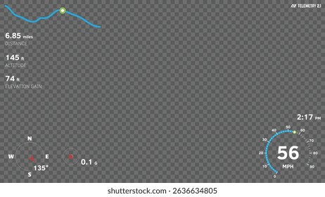 Vector telemetry overlay template with transparent background. Includes speed, altitude, GPS data, and HUD elements. Perfect for action camera, car camera, sport videos, FPV, and digital dashboards.