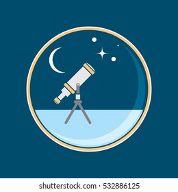 A vector telescope gazes up to a starry night sky in this round badge design.