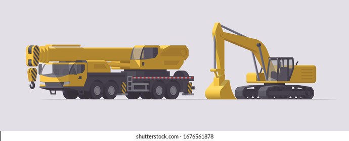 Vector telescopic mobile crane truck & heavy shovel excavator. Isolated illustration. Collection