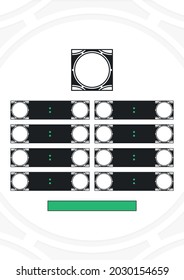 Gráficos vectores de televisión para los resultados de partidos de fútbol. Icono en forma de bola de fútbol para el logo y rectángulo para el nombre de la competencia. Ilustración deportiva.