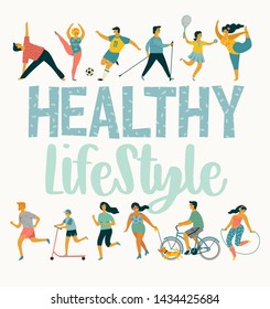 Vector tempale with people leading an active healthy lifestyle. Design element.