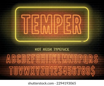 Vector Temper night light sign and narrow orange neon hollow font with numbers on dark brick wall background