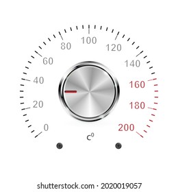 Vektor-Temperaturregler auf weißem Hintergrund, Chrom, Metall. Temperaturkontrollschnittstelle für Heimgeräte