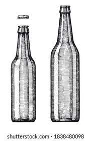 Vector template of 0.5 and 0.33 liter glass bottles. Hand-drawn sketches. Vintage style engraving. Containers for beverages and liquids, soda, beer, lemonades, juice. Drawing in ink