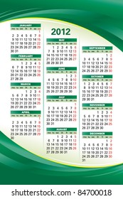 Vector template of 2012 calendar on green background