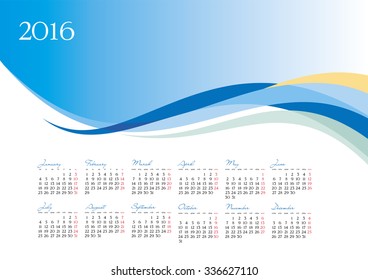 Vector template of 2016 calendar on blue background, vector illustration