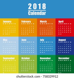 Vector  template of 2018 new year calendar in clean minimal table simple style Colorful red blue green and yellow color