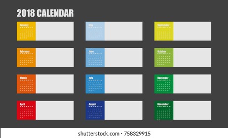 Vector  template of 2018 new year calendar in clean minimal table simple style Colorful red blue green and yellow color