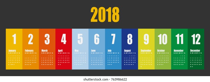 Vector  template of 2018 new year calendar in clean minimal table simple style Colorful red blue green and yellow color