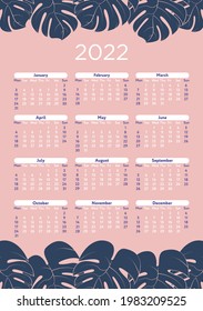  Vector template for 2022 year wall calendar Monthly planner with purple monstera leaves on pink background