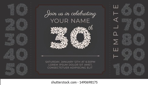 Vector template 30th years anniversary, invitation card with. Grey background. With preset text 10, 20, 30, 40, 50, 60, 70, 80, 90 , 100.