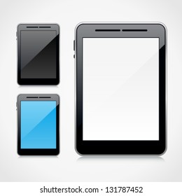 Vector template of 3d blank tablet PC with different monitor color with reflection on white background. Image contains transparency and can be placed on every surface. 10 EPS