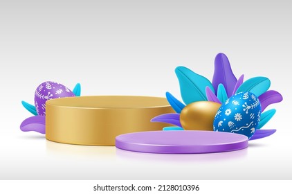 Vector template of 3D platforms for your object with painted Easter eggs and grass. Colorful illustration of volumetric podium, stand, place