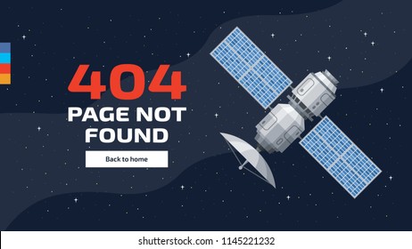 Vector template of 404 error page not found with isolated satellite and space background.