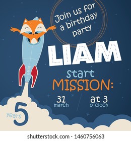 Vector template 5th birthday party invitation card with Fox in starter space rocket.