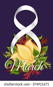 Vector Template of 8 March Greeting Card. Beautiful Number 8 with Decorative Doodle Flower on Dark Blue  Background with Cute Dots