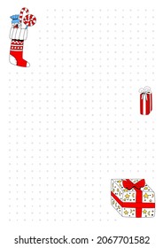 Vector template of an A6 page for notebook with dots, decorative elements, gift boxes, sock, Bullet Journal, snowflakes. Concept design of notebooks for writing, etc. in the New Year, Christmas theme.