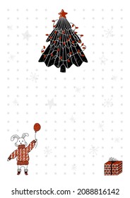 Vector template of an A6 page for notebook with dots, decorative elements, a hare holds balloon, a Christmas tree with toys and balls, Bullet Journal, snowflakes. Concept New Year, Christmas theme.