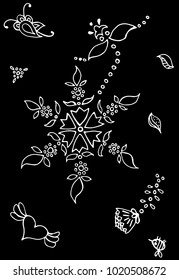 Vector template of abstract background with ornament in scribble style. White pattern of exquisite pattern on a black background.