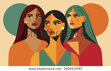 Vector template abstract banner illustration. Beautiful women of different skin colors stand together. For gender equality holiday, women's day, women's health, women's empowerment