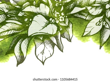 Vector template with abstract green background and graphic linear illustration of leaves and twigs