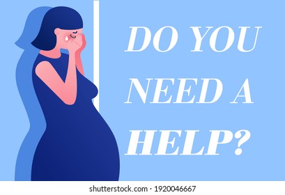 Vector Template Of Ad Poster For Pregnant Women Shelter. Horizontal Banner With Copy Space And Crying Pregnant Young Women In Trouble. Stop Domestic Violence And Abuse, Crisis Center Concept