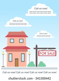 Vector template for advertisement about house for sale or for rent. Cute two storey country house with chimney and red roof. Sign with message "for sale". Real estate sale concept design 