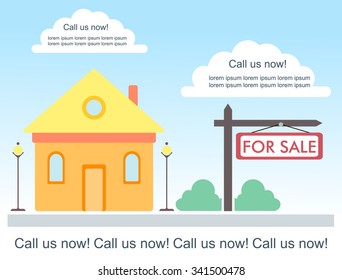 Vector template for advertisement about house for sale or for rent. Cute country house with chimney and yellow roof. Sign with message "for sale". Real estate sale concept design 