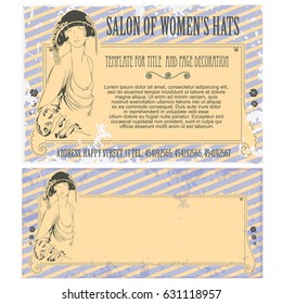Vector template. Advertisements, flyer, web, wedding  and other invitations or greeting cards. Pretty girl in ancient hat.