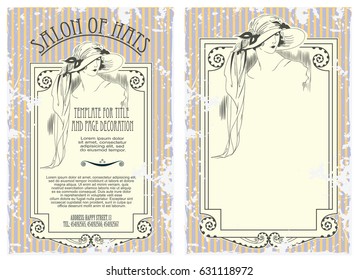 Vector template. Advertisements, flyer, web, wedding  and other invitations or greeting cards. Pretty girl in ancient hat.