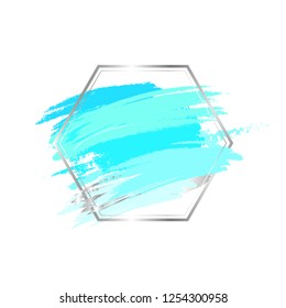 Vector template for advertising banner. Brush strokes in turquoise shades on hexagon frame. EPS10.