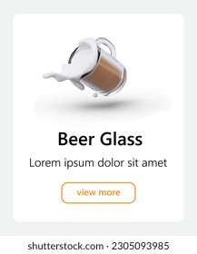Vector template for advertising glass beer mugs. 3D image, stop motion. Frothy drink pours out of mug. Banner with button and text. Color illustration for web design