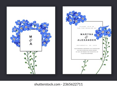 Vector template advertising, postcards, social media banners set of flowers forget-me-nots. Realistic, hand drawn, detailed floral elements in Save the Date's floral design wedding invitation template