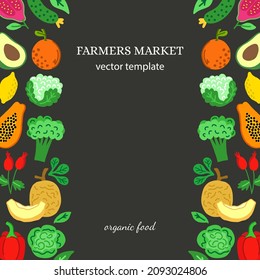 Cartel publicitario de plantilla de vectores con verduras y frutas de dibujos animados planos.