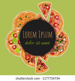 Vector template for advertising products. Round sticker for your design. Banner for a pizzeria.