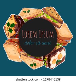 Vector template for advertising products. Round sticker for your design. Banner for a fast food.