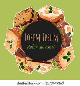 Vector template for advertising products. Round sticker for your design. Banner for a fast food.