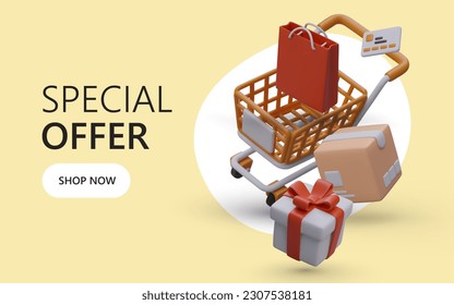 Vector template for advertising special promotional offer. 3D shopping cart full of gifts. Credit card payment bonuses. Reduced prices for online shopping. Color banner for web design
